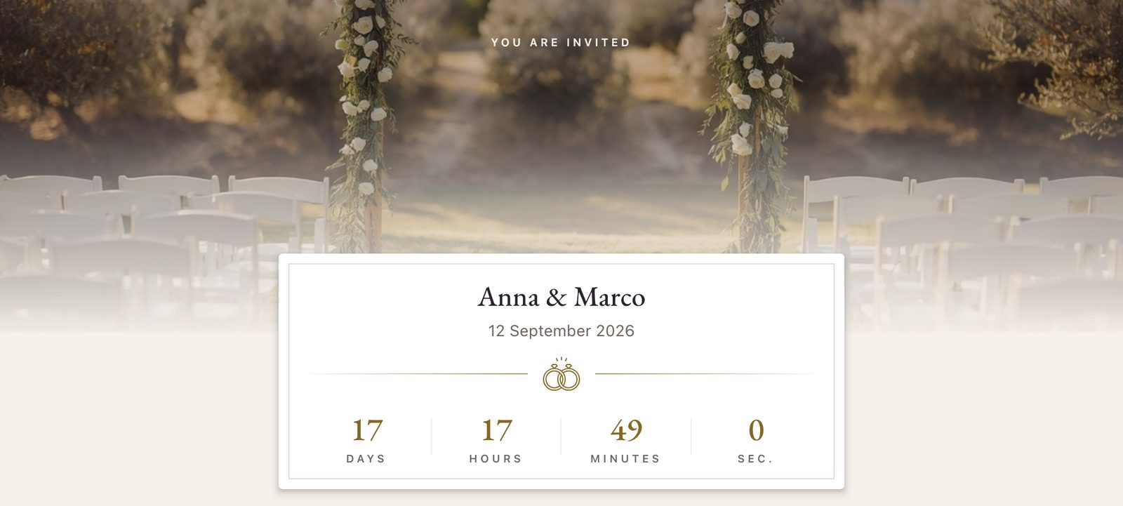 A wedding invitation for Anna and Marco open in a browser: a photograph of the ceremony arch, the words You are invited, and a card with the date and a countdown.